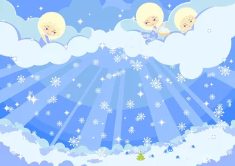 Fotobehang Hemel illustratie van drie schattige engelen die de sneeuw over een stad maken