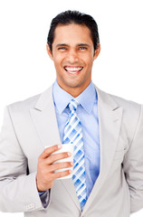 Portrait of a smling businessman holding a drinking cup