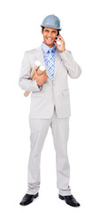 Smiling architect on phone carrying blueprints