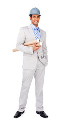 Architect wearing a hardhat and holding blueprints