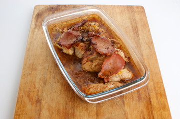 grilled chicken fillet with organic onion and bacon