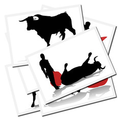 Collection of illustrations with a bullfighter in action, spain