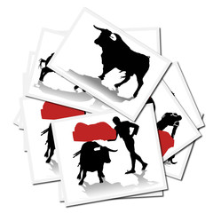 Collection of illustrations with a bullfighter in action, spain