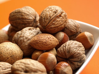 Macro of nuts on orange background