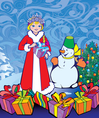 Fototapeta na wymiar Beautiful girl with snowman. For Christmas and New Year.