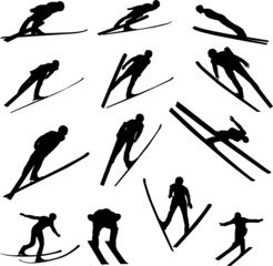 ski jumping silhouette - vector - obrazy, fototapety, plakaty