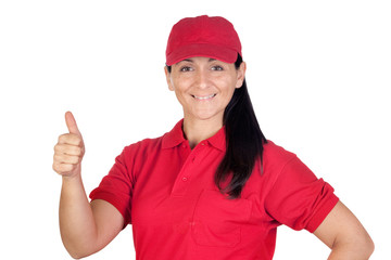 Obraz na płótnie Canvas Brunette dealer with red uniform saying OK