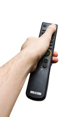 Hand holding an old TV remote control isolated over white