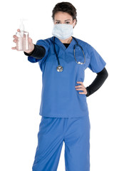 Young female nurse, wearing blue scrubs, mask, stethoscope aroun