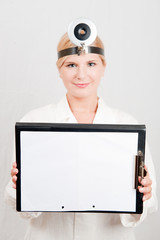 young female doctor with folder. copy-space