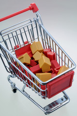 Einkaufswagen mit kleinen Häusern