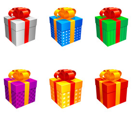 Set of 6 colored gift boxes, isolated on white background.