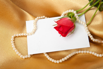 Red rose and blank card on golden satin