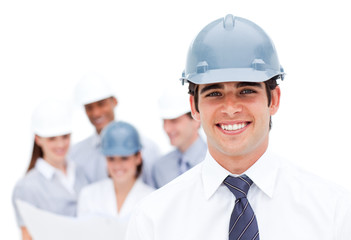 Focus on a male architect wearing a hardhat