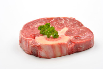fresh organic beef shin steak and white background
