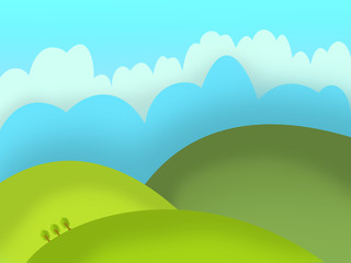 Drawn landscape with green hills, sky and clouds.