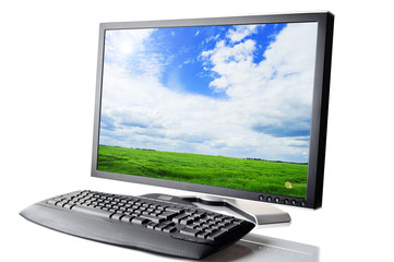 monitor and  black keyboard