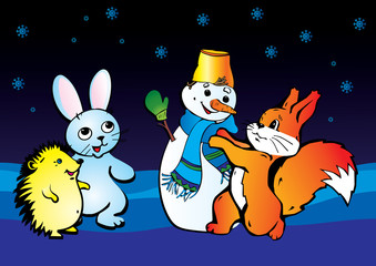 Wild animals with snowman.