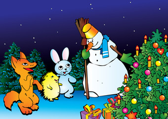 Wild animals with snowman.