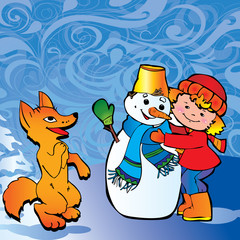Cute little girl with snowman and fox. Happy childhood.