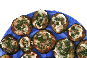 grilled egg plant on blue