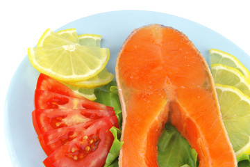 salmon steak on blue dish