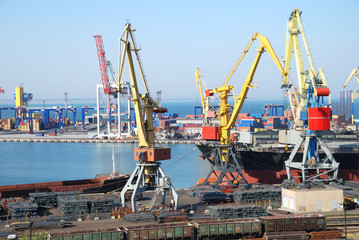 Fototapeta premium The trading seaport with cranes, cargoes and ship