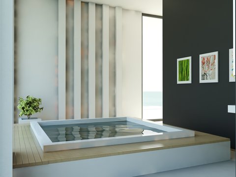 Modern Bathroom With Black Wall And Big Window