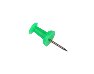 Macro of green push pin over white background