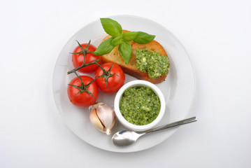 baguette as a snack with homemade fresh pesto