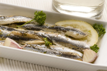Spanish tapas. Marinated fresh anchovies. Boquerones en vinagre.