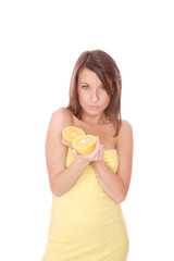 happy model eating an orange