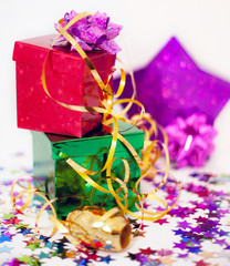 Assorted gift boxes and ribbon