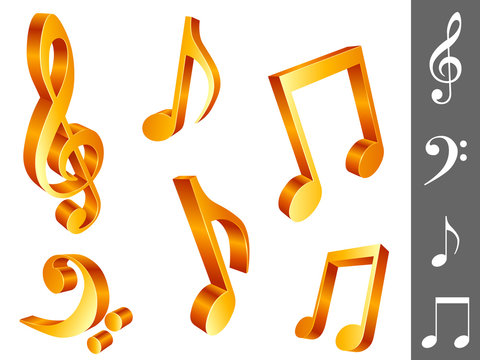 Six golden music notes, isolated on white background.