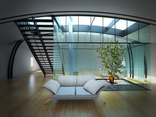 Modern empty interior with plant and sofa