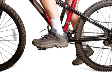 Woman on mtb bike isolated on white