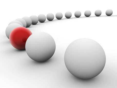 Uniqueness concept. Row of white balls  with red one.