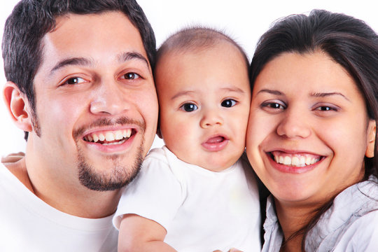 Happy Couple With Baby Son Faces