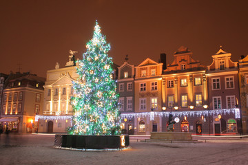 Old market square during the snowy night in Poznan, Poland