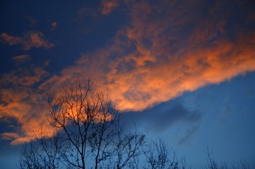 Dramatic red blue sky on sunset evening vibrant colors, nature