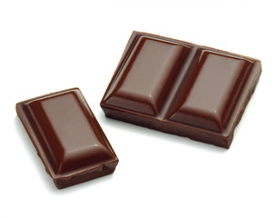 Broken chocolate tablets from top view isolated on white background including clipping path
