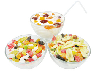 plates full of dried fruits and dairy dessert