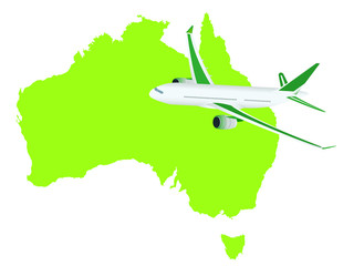 Jet plane flying up with australia map