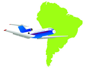 Jet plane flying up with south america map