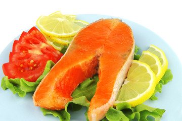salmon steak on blue dish
