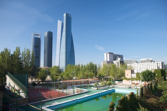 sports center and skyscrapers