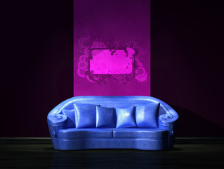 Blue sofa with purple part of the wall in minimalist interior