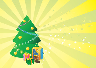 festive background with fir tree and gift