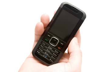 Mobile phone in hand isolated on white