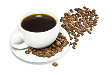 The cup of coffee and beans